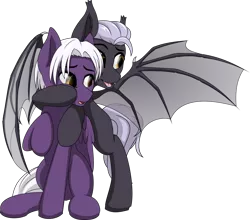 Size: 900x793 | Tagged: safe, artist:up1ter, derpibooru import, oc, oc:midnight story, oc:nighty cloud, bat pony, pegasus, pony, bat pony oc, bat wings, pegasus oc, simple background, wings