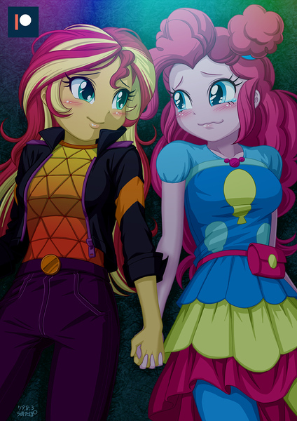 Size: 707x1000 | Tagged: safe, artist:uotapo, derpibooru import, pinkie pie, sunset shimmer, equestria girls, equestria girls series, sunset's backstage pass!, spoiler:eqg series (season 2), blushing, eye contact, female, holding hands, looking at each other, music festival outfit, shipping fuel, smiling, wavy mouth