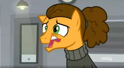 Size: 1672x921 | Tagged: safe, derpibooru import, screencap, cheese sandwich, pony, the last laugh, faic, forced smile, ponytail, solo