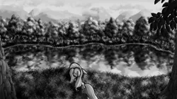 Size: 1920x1080 | Tagged: safe, artist:nuxersopus, derpibooru import, fluttershy, pegasus, pony, eyes closed, floppy ears, forest, grass, lake, monochrome, mountain, scenery, smiling, solo