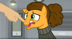 Size: 1672x921 | Tagged: safe, derpibooru import, edit, edited screencap, screencap, cheese sandwich, pony, the last laugh, boop, boop edit, finger, forced smile, hand