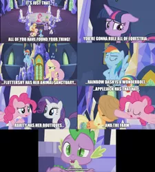 Size: 1780x1976 | Tagged: alicorn, applejack, applejack's hat, chinese text, comic, cowboy hat, derpibooru import, dragon, edit, edited screencap, hat, meme, pinkie pie, rainbow dash, rarity, safe, screencap, screencap comic, spike, text, text edit, the last laugh, throne room, twilight's castle, twilight sparkle, twilight sparkle (alicorn), winged spike