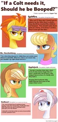 Size: 2573x5395 | Tagged: safe, artist:nignogs, derpibooru import, applejack, ms. harshwhinny, nurse redheart, spitfire, earth pony, pegasus, pony, abuse, boop, colored, don't dead open inside, glasses, hat, not rgre enough, reversed gender roles equestria, sexism, smiling, smug