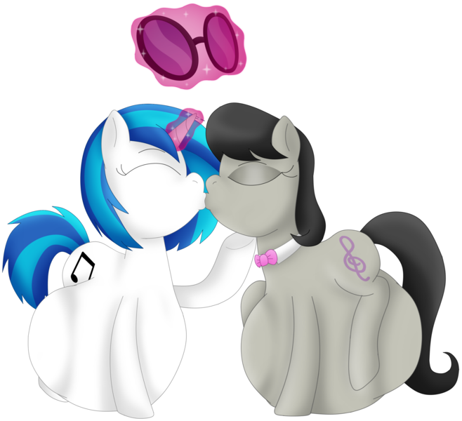 Size: 2512x2290 | Tagged: safe, artist:girlsvoreboys, derpibooru import, octavia melody, vinyl scratch, pony, unicorn, bowtie, eyes closed, female, fetish, glowing horn, hooves, horn, kissing, lesbian, levitation, magic, mare, predtavia, same size vore, scratchtavia, shipping, simple background, soft vore, sunglasses, telekinesis, transparent background, vinyl pred, vore