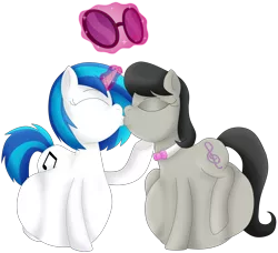 Size: 2512x2290 | Tagged: safe, artist:girlsvoreboys, derpibooru import, octavia melody, vinyl scratch, pony, unicorn, bowtie, eyes closed, female, fetish, glowing horn, hooves, horn, kissing, lesbian, levitation, magic, mare, predtavia, same size vore, scratchtavia, shipping, simple background, soft vore, sunglasses, telekinesis, transparent background, vinyl pred, vore