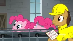 Size: 1920x1080 | Tagged: safe, derpibooru import, screencap, pinkie pie, earth pony, pony, the last laugh, checklist, clipboard, clothes, conveyor belt, crate, cute, factory, female, funny, gag factory, hard hat, lying down, male, mare, mouth hold, pencil, shirt, stallion, uniform, wide eyes, written equestrian