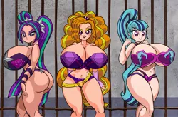 Size: 2048x1346 | Tagged: suggestive, artist:art-2u, derpibooru import, edit, editor:theabridgenator, adagio dazzle, aria blaze, sonata dusk, equestria girls, rainbow rocks, arse-ia blaze, ass, bedroom eyes, big breasts, bracelet, breasts, busty adagio dazzle, busty aria blaze, busty dazzlings, busty sonata dusk, butt, clothes, commission, curvy, female, females only, hourglass figure, huge breasts, huge butt, human coloration, hyper, hyper breasts, impossibly large breasts, impossibly thin waist, large butt, leggings, photoshop, pigtails, ponytail, prison, spiked wristband, the dazzlings, thick, thighs, this will not end well, thunder thighs, trio, trio female, twintails, wide hips, wristband