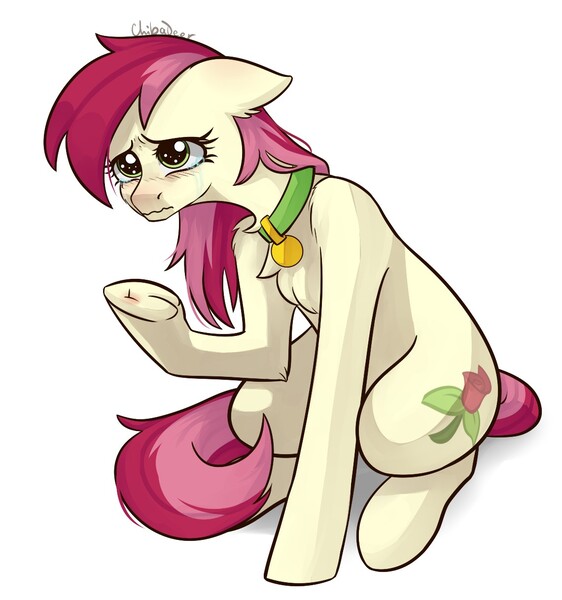 Size: 1140x1218 | Tagged: safe, artist:chibadeer, derpibooru import, roseluck, pony, chest fluff, collar, crying, cute, ear fluff, fluffy, pet tag, pony pet, poor thing, rosepet, sad, splinter