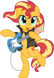 Size: 6007x8603 | Tagged: safe, artist:pirill, derpibooru import, idw, sunset shimmer, pony, unicorn, spoiler:comic, spoiler:comic79, absurd resolution, bass guitar, bipedal, clothes, cute, female, guitar, idw showified, jacket, musical instrument, raised leg, shimmerbetes, show accurate, simple background, smiling, solo, sunset shredder, transparent background, vector