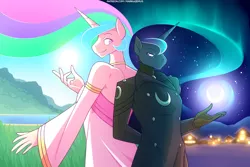 Size: 3000x2000 | Tagged: alicorn, anthro, artist:marik azemus34, breasts, clothes, day, delicious flat chest, derpibooru import, dress, duo, duo female, ethereal mane, female, jacket, looking at each other, night, princess celestia, princess luna, royal sisters, safe, starry mane, wingless, wingless anthro