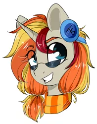 Size: 903x1151 | Tagged: safe, artist:cloud-fly, derpibooru import, oc, pony, unicorn, bust, clothes, eye clipping through hair, female, grin, headphones, mare, portrait, scarf, simple background, smiling, solo, sunglasses, white background