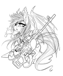 Size: 3393x4092 | Tagged: safe, artist:mirapony, derpibooru import, oc, oc:elena dragunova, oc:falling star, unofficial characters only, bat pony, pony, bat pony oc, bat wings, clothes, eyepatch, female, gun, lineart, mare, monochrome, slit eyes, solo, weapon, wings