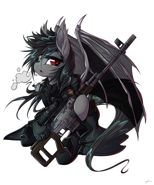 Size: 3393x4092 | Tagged: safe, artist:mirapony, derpibooru import, oc, oc:elena dragunova, oc:falling star, unofficial characters only, bat pony, pony, background removed, bat pony oc, bat wings, clothes, eyepatch, female, gun, mare, rifle, simple background, slit eyes, sniper rifle, solo, weapon, white background, wings