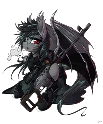 Size: 3393x4092 | Tagged: safe, artist:mirapony, derpibooru import, oc, oc:elena dragunova, oc:falling star, unofficial characters only, bat pony, pony, background removed, bat pony oc, bat wings, clothes, eyepatch, female, gun, mare, rifle, simple background, slit eyes, sniper rifle, solo, weapon, white background, wings