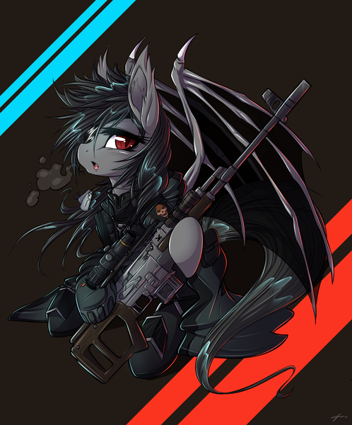 Size: 3393x4092 | Tagged: safe, alternate version, artist:mirapony, derpibooru import, oc, oc:elena dragunova, oc:falling star, unofficial characters only, bat pony, pony, abstract background, bat pony oc, bat wings, clothes, eyepatch, female, gun, mare, rifle, slit eyes, sniper rifle, solo, weapon, wings