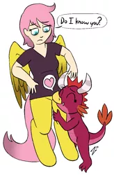 Size: 728x1110 | Tagged: safe, artist:heretichesh, derpibooru import, baby cinder, oc, oc:thorn, dragon, pegasus, pony, satyr, annoyed, clothes, heart, hug, leg hug, offspring, parent:fluttershy, pictogram, simple background, speech, talking, white background