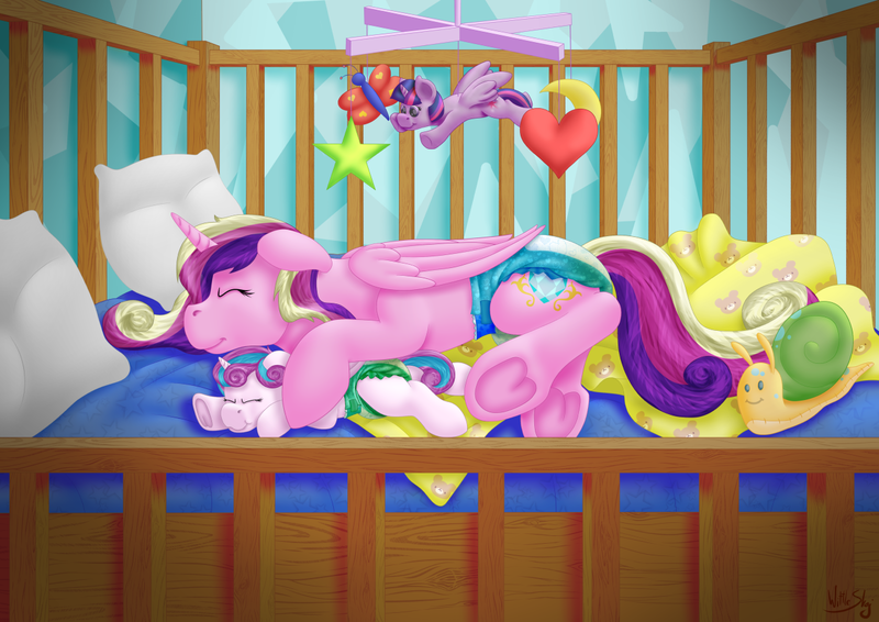 Size: 1280x905 | Tagged: questionable, artist:wittleskaj, derpibooru import, princess cadance, princess flurry heart, twilight sparkle, twilight sparkle (alicorn), whammy, alicorn, pony, adult foal, baby, baby pony, blanket, crib, diaper, diaper fetish, female, fetish, filly, foal, frog (hoof), mare, mobile, plushie, sleeping, snuggling, underhoof, wet diaper