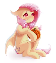 Size: 1888x2116 | Tagged: safe, artist:adamange1, derpibooru import, fluttershy, bat pony, pony, bat ponified, bat wings, beanbrows, blushing, chest fluff, eyebrows, female, floppy ears, flutterbat, hoof hold, looking at you, mare, pumpkin, race swap, red eyes, simple background, sitting, solo, three quarter view, white background, wings