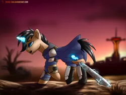 Size: 2000x1500 | Tagged: safe, artist:shido-tara, derpibooru import, oc, oc:daniel evans, ponified, unofficial characters only, pony, unicorn, fallout equestria, fanfic, armor, black mane, black tail, blue eyes, cloak, clothes, courier six, desert, fallout, fallout equestria: parallelism, fallout: new vegas, fanfic art, glowing horn, hooves, horn, levitation, magic, male, open mouth, pipbuck, solo, stallion, sword, telekinesis, wasteland, weapon