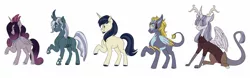 Size: 1500x467 | Tagged: safe, artist:pastel-charms, derpibooru import, oc, unofficial characters only, alicorn, changepony, draconequus, hybrid, unicorn, female, interspecies offspring, mare, offspring, parent:ahuizotl, parent:applejack, parent:daring do, parent:discord, parent:king sombra, parent:princess cadance, parent:queen chrysalis, parent:shining armor, parent:twilight sparkle, parents:darizotl, parents:discolight, parents:shining chrysalis, parents:shiningjack, parents:somdance, simple background, white background