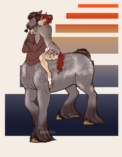 Size: 2550x3300 | Tagged: anthro, anthro centaur, anthro oc, artist:blackblood-queen, blushing, centaur, clothes, couple, crossed arms, derpibooru import, dilf, female, hug, husband and wife, male, married couple, oc, oc:aleyn, oc:ciara, ponytaur, safe, selkie, species swap, sweater, taur, unguligrade anthro, unofficial characters only