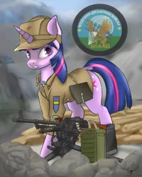 Size: 2400x3000 | Tagged: safe, artist:lakunae, derpibooru import, twilight sparkle, pony, unicorn, 103 airborne division, afghanistan, afghanistan war, cyrillic, female, gun, horn, looking at you, machine gun, machine gun turret, military, military uniform, paratrooper, pkm, russian, solo, soviet, unicorn twilight, vdv, war, weapon