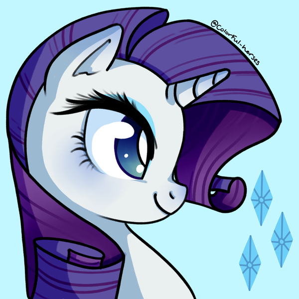 Size: 2000x2000 | Tagged: safe, artist:colorful-horses, derpibooru import, rarity, pony, unicorn, bust, cute, cutie mark, portrait, profile, raribetes, signature, simple background, solo