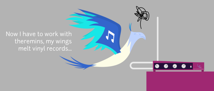 Size: 702x301 | Tagged: artist:parclytaxel, bird, birdified, cropped, derpibooru import, dialogue, female, flying, musical instrument, phoenix, safe, simple background, solo, species swap, theremin, transformation, transformed, vinyl scratch