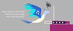 Size: 702x301 | Tagged: artist:parclytaxel, bird, birdified, cropped, derpibooru import, dialogue, female, flying, musical instrument, phoenix, safe, simple background, solo, species swap, theremin, transformation, transformed, vinyl scratch