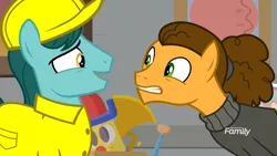 Size: 1920x1080 | Tagged: safe, derpibooru import, screencap, cheese sandwich, earth pony, pony, the last laugh, alternate hairstyle, clothes, discovery family logo, eye contact, factory, gag factory, hard hat, lab coat, leaning, looking at each other, male, nervous, nervous laugh, stallion, stretch, sweater, uncomfortable, uniform