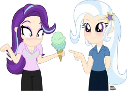 Size: 1370x988 | Tagged: safe, artist:anime-equestria, derpibooru import, starlight glimmer, trixie, human, equestria girls, alternate hairstyle, blushing, breasts, busty starlight glimmer, clothes, dropped ice cream, duo, embarrassed, eyeshadow, food, human coloration, ice cream, makeup, pointing, shirt, simple background, smiling, transparent background, vector