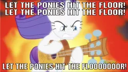 Size: 640x361 | Tagged: safe, derpibooru import, edit, edited screencap, editor:undeadponysoldier, screencap, rarity, pony, unicorn, honest apple, angry, badass, bodies, caption, discovery family logo, drowning pool, female, fire, guitar, guitarity, heavy metal, image macro, let the bodies hit the floor, lyrics, mare, musical instrument, parody, solo, song reference, text