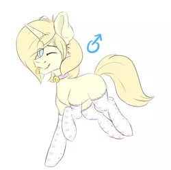 Size: 3002x2995 | Tagged: safe, artist:hellishprogrammer, derpibooru import, oc, oc:tender glow, unofficial characters only, pony, unicorn, ;p, bell, bell collar, clothes, collar, femboy, heart, male, missing cutie mark, one eye closed, raised hoof, raised leg, simple background, socks, solo, stallion, stockings, thigh highs, tongue out, white background, wink