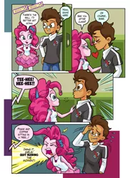 Size: 1859x2554 | Tagged: safe, artist:art-2u, derpibooru import, pinkie pie, oc, oc:copper plume, comic:the copperpie chronicles, equestria girls, equestria girls series, about to kiss, angry, blushing, bow, canon x oc, canterlot high, clothes, comic, commission, commissioner:imperfectxiii, copperpie, embarrassed, female, freckles, geode of sugar bombs, glasses, impending kiss, implied humane six, interrupted, jeans, laughing, lockers, magical geodes, male, neckerchief, pants, pantyhose, shipping, shirt, shoop da whoop, skirt, straight, yelling