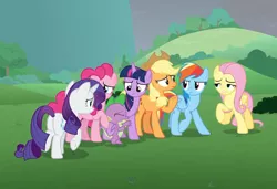 Size: 1054x720 | Tagged: safe, derpibooru import, screencap, applejack, fluttershy, pinkie pie, rainbow dash, rarity, spike, twilight sparkle, twilight sparkle (alicorn), alicorn, dragon, earth pony, pegasus, pony, unicorn, the ending of the end, leak, cropped, female, male, mane seven, mane six, sad, series finale, the end, winged spike