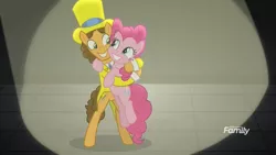 Size: 1920x1080 | Tagged: safe, derpibooru import, screencap, cheese sandwich, pinkie pie, earth pony, pony, the last laugh, clothes, cute, discovery family logo, duo, female, hat, hug, male, mare, shipping fuel, smiling, spotlight, stallion, top hat, tuxedo