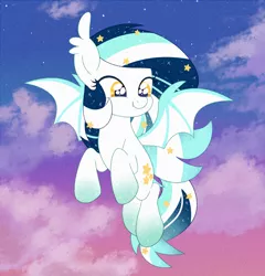 Size: 858x895 | Tagged: safe, artist:owlity, derpibooru import, oc, oc:wistful galaxy, unofficial characters only, bat pony, pony, bat pony oc, bat wings, female, flying, mare, smiling, solo, sunset, wings