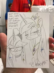 Size: 1536x2048 | Tagged: safe, artist:andypriceart, derpibooru import, princess celestia, princess luna, alicorn, pony, daylight savings, duo, female, lidded eyes, mare, monochrome, pencil drawing, royal sisters, siblings, sisters, speech bubble, traditional art