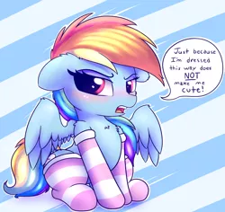 Size: 2650x2500 | Tagged: safe, artist:heavymetalbronyyeah, derpibooru import, rainbow dash, pegasus, pony, blatant lies, blushing, cheek fluff, chest fluff, clothes, cute, daaaaaaaaaaaw, dashabetes, ear fluff, eyeshadow, hnnng, i'm not cute, leg fluff, looking at you, makeup, pink socks, rainbow dash always dresses in style, shoulder fluff, socks, solo, speech bubble, striped socks, tsunderainbow, tsundere, wing fluff