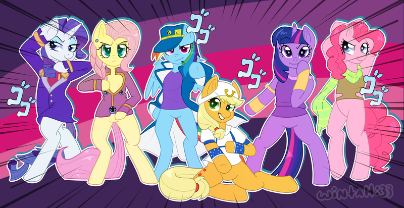 Size: 4545x2338 | Tagged: safe, artist:wintah33, derpibooru import, applejack, fluttershy, pinkie pie, rainbow dash, rarity, twilight sparkle, pony, clothes, cosplay, costume, crossover, fluttergio, giorno giovanna, johnny joestar, jojo pose, jojo's bizarre adventure, jonathan joestar, joseph joestar, josuke higashikata, jotaro kujo, mane six