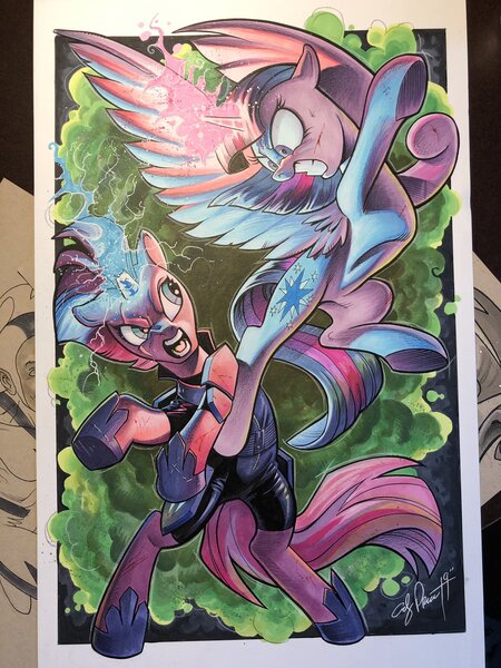 Size: 1536x2048 | Tagged: safe, artist:andypriceart, derpibooru import, tempest shadow, twilight sparkle, twilight sparkle (alicorn), alicorn, pony, unicorn, armor, bite mark, blood, broken horn, commission, duo, eye scar, female, fight, flying, glowing horn, hoof shoes, horn, injured, mare, rearing, scar, sparking horn, traditional art