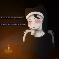 Size: 3000x3000 | Tagged: safe, artist:rarityismywaifu, derpibooru import, oc, oc:lamika, unofficial characters only, anthro, pegasus, blushing, candle, candlelight, candlelight dinner, chains, clothes, cross, cyoa, dialogue, dinner, eyes closed, eyeshadow, female, freckles, jewelry, lipstick, makeup, mare, nun, pegasus oc, poll, smiling, solo, story included, table, text, wings