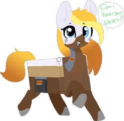 Size: 861x838 | Tagged: safe, artist:nootaz, derpibooru import, oc, oc:looty, ponified, unofficial characters only, object pony, original species, pony, dialogue, female, loot box, mare, open mouth, raised hoof, simple background, smiling, solo, transparent background