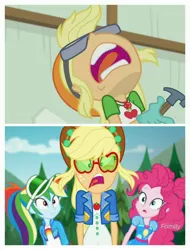 Size: 3106x4096 | Tagged: safe, derpibooru import, edit, screencap, applejack, pinkie pie, rainbow dash, accountibilibuddies, constructive criticism, equestria girls, equestria girls series, spoiler:choose your own ending (season 2), spoiler:eqg series (season 2), aaugh!, comparison, geode of sugar bombs, geode of super strength, hammer, magical geodes, ouch, pain