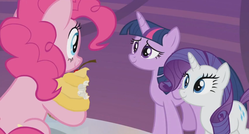 Size: 1600x862 | Tagged: alicorn, bite mark, cupcake, derpibooru import, food, pinkie pie, plastic, rarity, safe, screencap, the last laugh, twilight sparkle, twilight sparkle (alicorn)