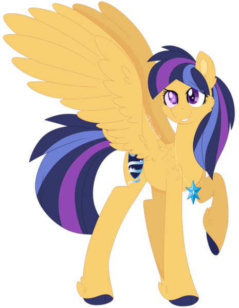 Size: 600x775 | Tagged: safe, artist:shiiazu, derpibooru import, oc, oc:nova star sparkle, unofficial characters only, pegasus, pony, blind, colored pupils, cutie mark, element of magic, feathered fetlocks, hooves, jewelry, looking at you, necklace, next generation, offspring, parent:flash sentry, parent:twilight sparkle, parents:flashlight, raised hoof, shoulder feathers, signature, simple background, smiling, solo, tail feathers, transparent background, wings