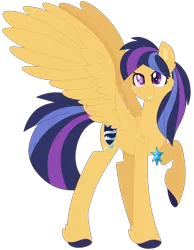 Size: 600x775 | Tagged: safe, artist:shiiazu, derpibooru import, oc, oc:nova star sparkle, unofficial characters only, pegasus, pony, blind, colored pupils, cutie mark, element of magic, feathered fetlocks, hooves, jewelry, looking at you, necklace, next generation, offspring, parent:flash sentry, parent:twilight sparkle, parents:flashlight, raised hoof, shoulder feathers, signature, simple background, smiling, solo, tail feathers, transparent background, wings
