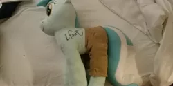 Size: 4000x2000 | Tagged: safe, artist:hoppip, derpibooru import, lyra heartstrings, pony, unicorn, autograph, background pony, clothes, female, irl, lauren faust, lyra plushie, mare, pants, photo, plothole plush lyra, plushie, signed, solo