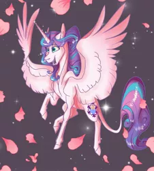 Size: 2215x2450 | Tagged: safe, artist:finchina, derpibooru import, princess flurry heart, pony, adult flurry heart, cherry blossoms, flower, flower blossom, flying, hoers, leonine tail, older, petals, smiling, solo, spread wings, wings