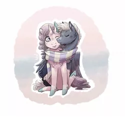 Size: 1637x1536 | Tagged: safe, artist:mad-maker-cat, derpibooru import, oc, unofficial characters only, pegasus, pony, unicorn, clothes, female, kissing, male, mare, scarf, shared clothing, shared scarf, stallion